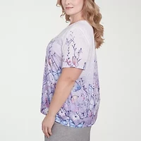 Alfred Dunner Crystal Springs Womens V Neck Short Sleeve Plus T-Shirt