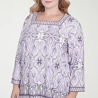 Alfred Dunner Crystal Springs Womens Square Neck 3/4 Sleeve Stretch Fabric Plus T-Shirt