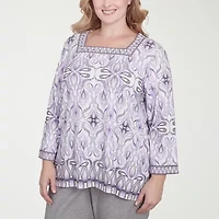 Alfred Dunner Crystal Springs Womens Square Neck 3/4 Sleeve Stretch Fabric Plus T-Shirt