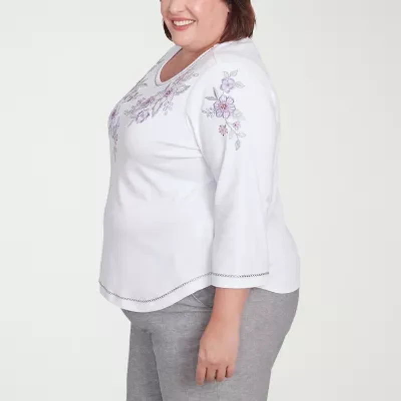 Alfred Dunner Crystal Springs Womens Crew Neck 3/4 Sleeve Plus T-Shirt