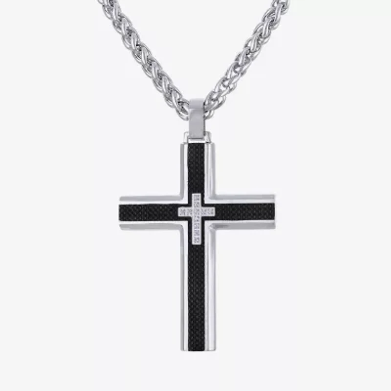 Mens Cubic Zirconia Stainless Steel Cross 24 Inch Pendant Necklace