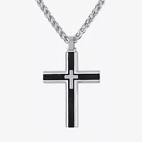 Mens Cubic Zirconia Stainless Steel Cross 24 Inch Pendant Necklace