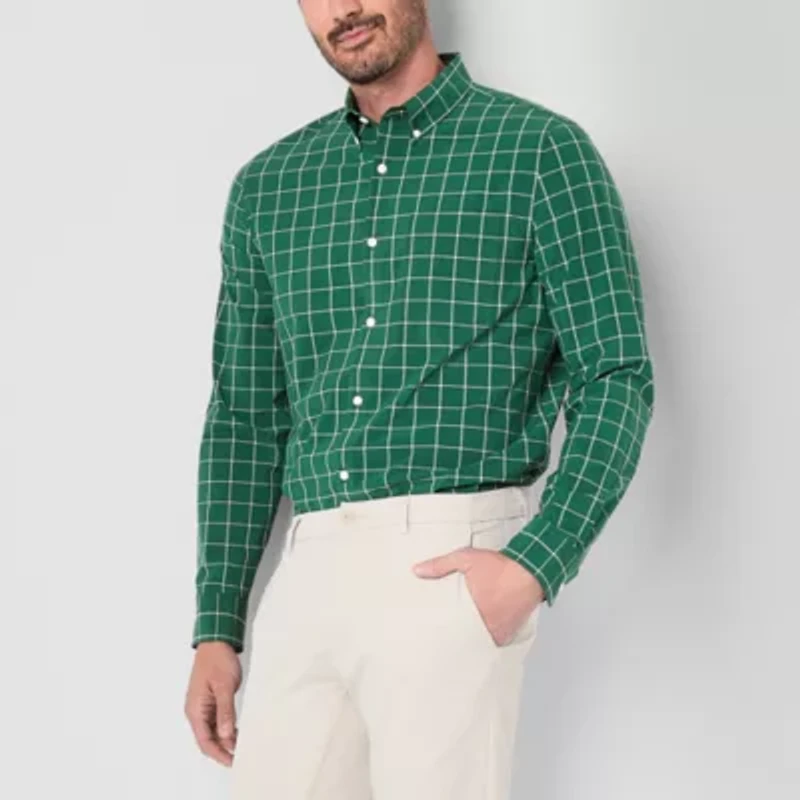 St. John's Bay Performance Mens Long Sleeve Cuffed Classic Fit Stretch Fabric Button-Down Shirt
