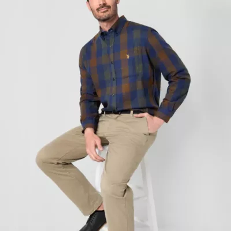 U.S. Polo Assn. Peached Twill Mens Long Sleeve Classic Fit Stretch Fabric Embroidered Button-Down Shirt