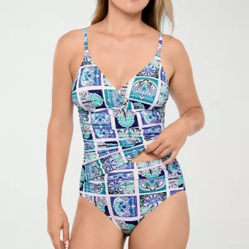 Liz Claiborne Womens Comfort Straps Shirred Patchwork Tankini Swimsuit Top