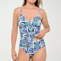Liz Claiborne Womens Comfort Straps Shirred Patchwork Tankini Swimsuit Top