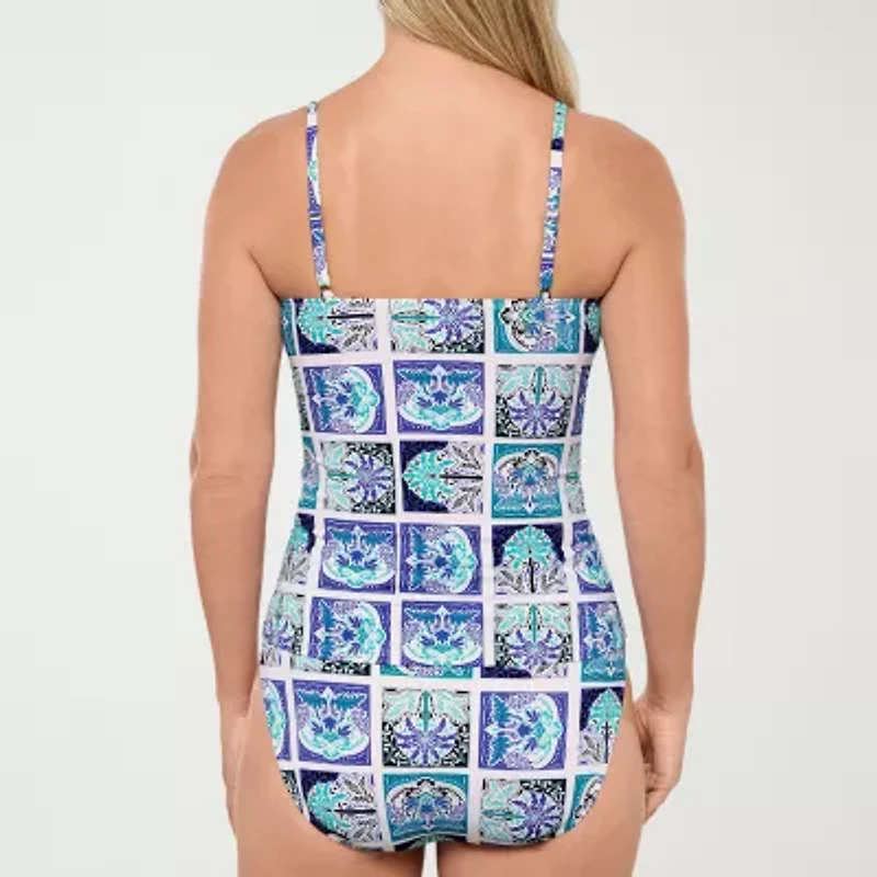 Liz Claiborne Womens Comfort Straps Shirred Patchwork Tankini Swimsuit Top