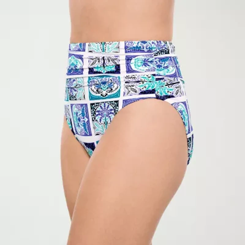 Liz Claiborne Womens Comfort Waistband Patchwork High Waist Bikini Swimsuit Bottom