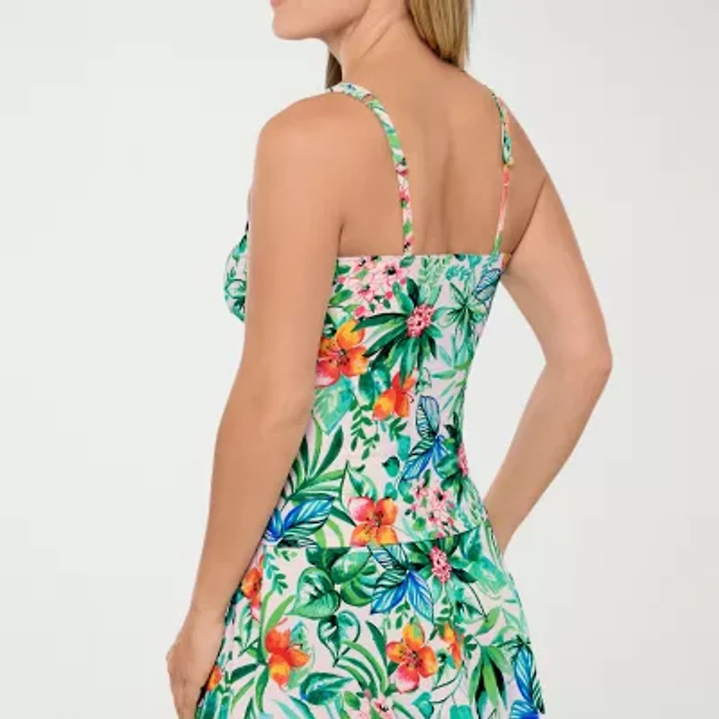 Liz Claiborne Womens Comfort Straps Lined Shirred Tropical Floral Tankini Swimsuit Top