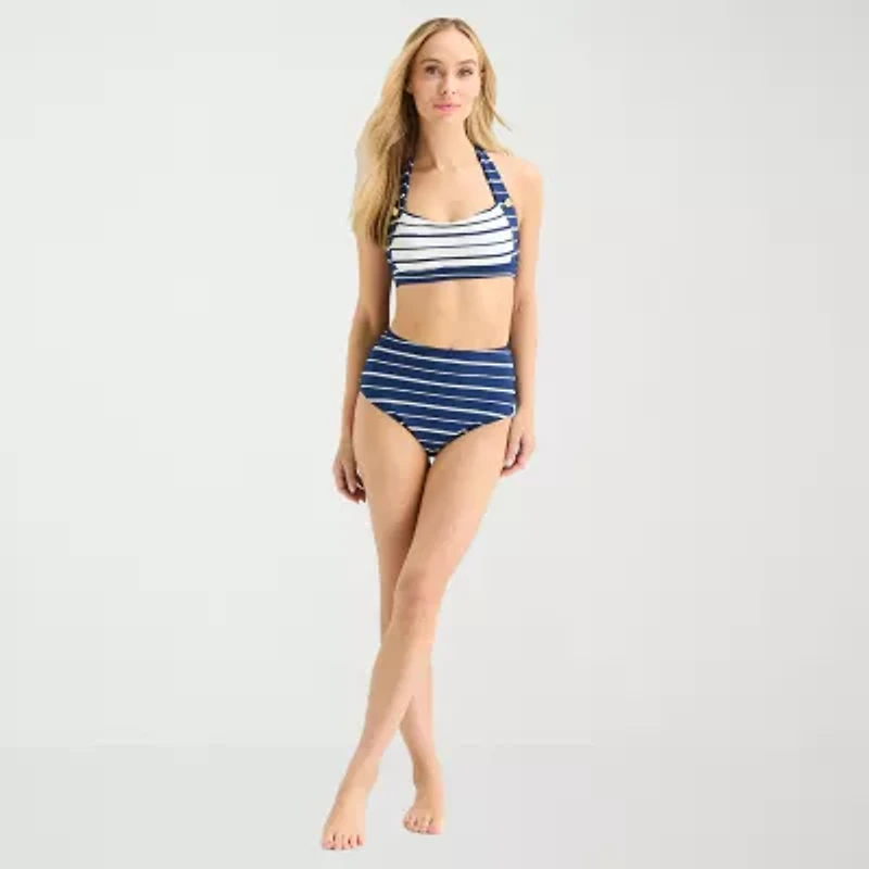 Liz Claiborne Womens Lined Striped High Waist Bikini Swimsuit Bottom
