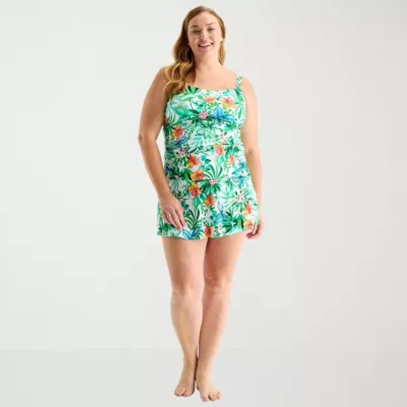 Liz Claiborne Womens Comfort Straps Lined Shirred Tropical Floral Plus Tankini Swimsuit Top