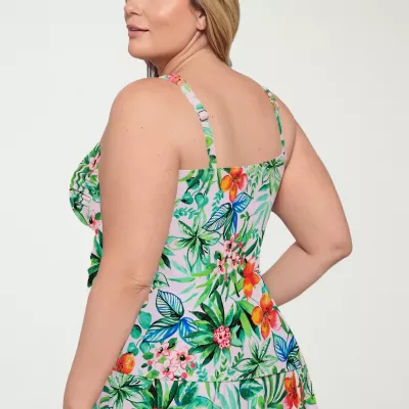 Liz Claiborne Womens Comfort Straps Lined Shirred Tropical Floral Plus Tankini Swimsuit Top