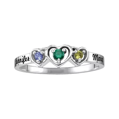 Personalized Womens Genuine Sterling Silver Heart 3-Stone Cocktail Ring
