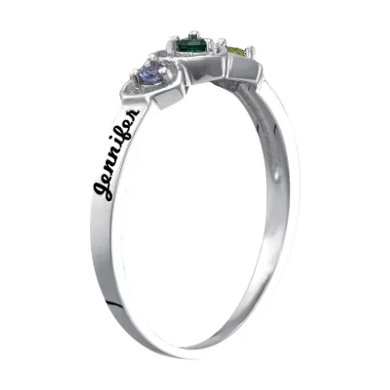 Personalized Womens Genuine Sterling Silver Heart 3-Stone Cocktail Ring