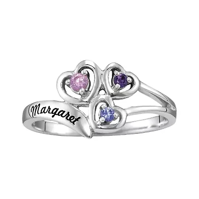 Personalized Womens Genuine Sterling Silver Heart 3-Stone Cocktail Ring