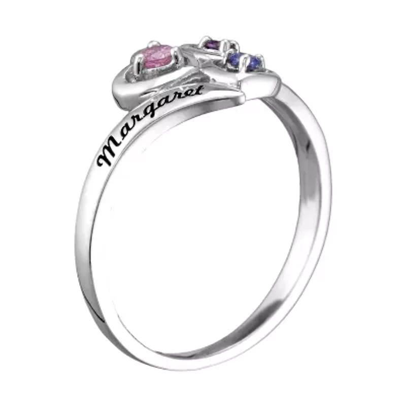 Personalized Womens Genuine Sterling Silver Heart 3-Stone Cocktail Ring
