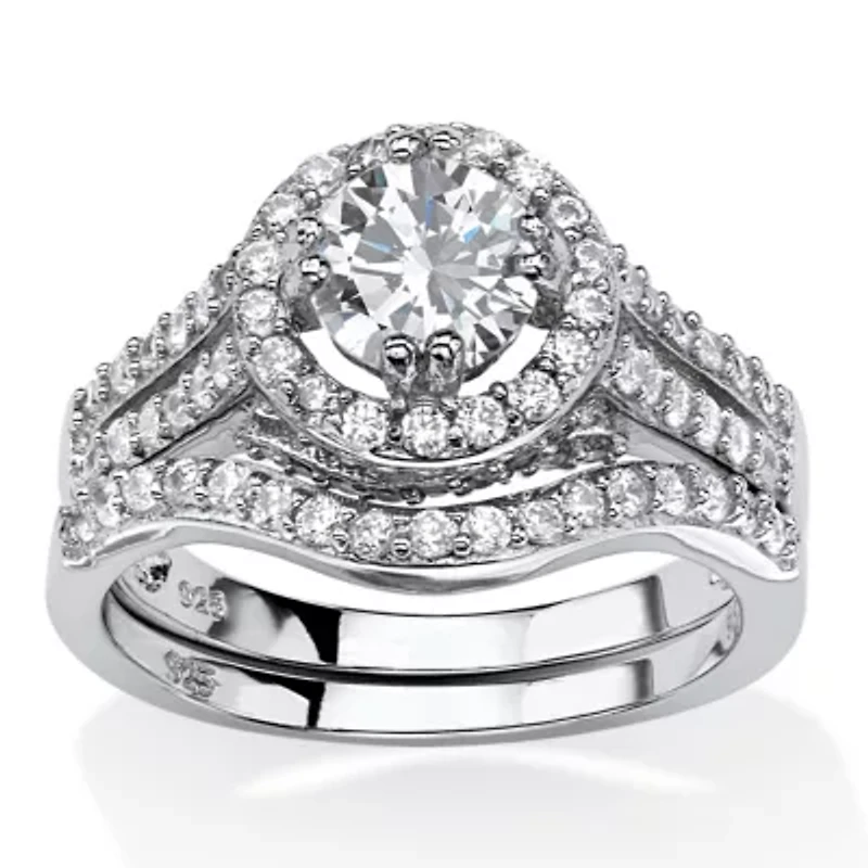 DiamonArt® Womens 1 / CT. T.W. White Cubic Zirconia Platinum Over Silver Round Bridal Set
