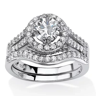 DiamonArt® Womens 1 / CT. T.W. White Cubic Zirconia Platinum Over Silver Round Bridal Set