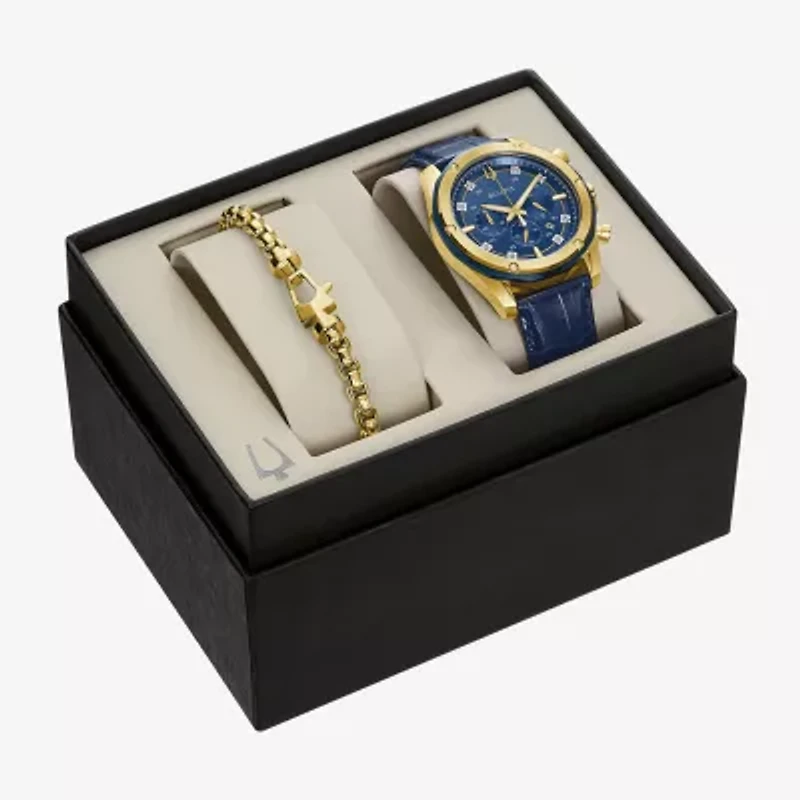 Bulova Diamond Mens Chronograph Blue Leather Strap Watch 98k110