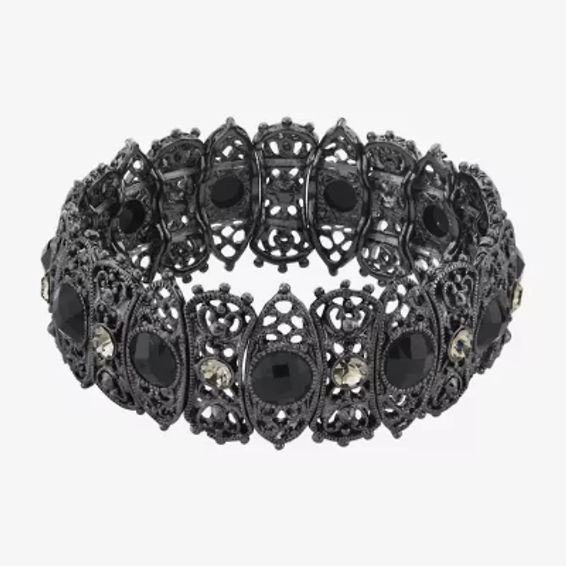 1928 Black Tone Womens Black Crystal Stretch Bracelet