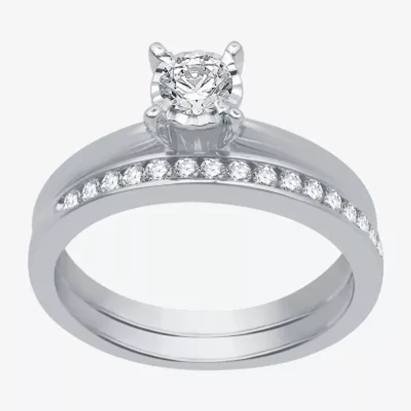 Women's 1/2 CT.T.W. Natural Diamond Round Solitaire Ring and Channel Band Bridal Set 10K Gold