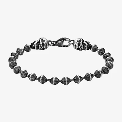 Mens Stainless Steel Skull Beaded Bracelet