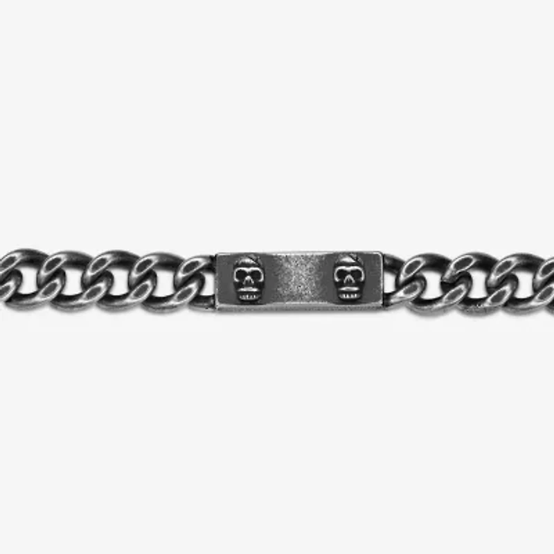 Mens Stainless Steel 9 Inch Solid Curb Skull Id Bracelet