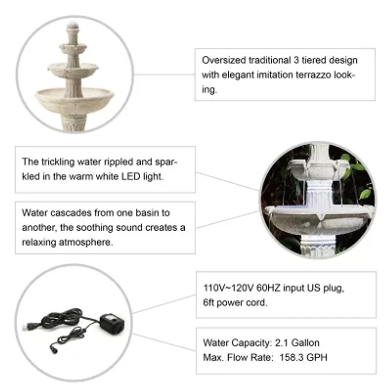 Glitzhome 45.25'H Terrazzo Resin 3-Tier Outdoor fountain