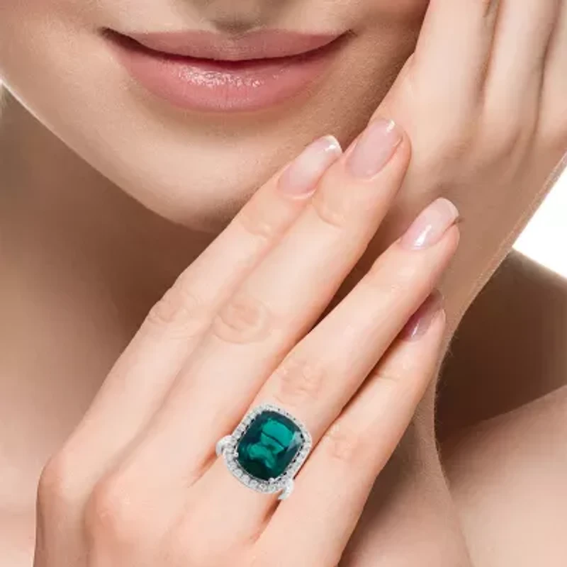 Effy Final Call Womens 1 CT. T.W. Lab Created Green Emerald 14K White Gold Halo Side Stone Cocktail Ring