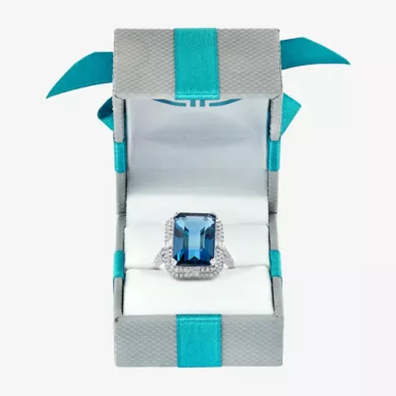 Effy Final Call Womens 5/8 CT. T.W. Genuine Blue Topaz 14K White Gold Halo Side Stone Cocktail Ring