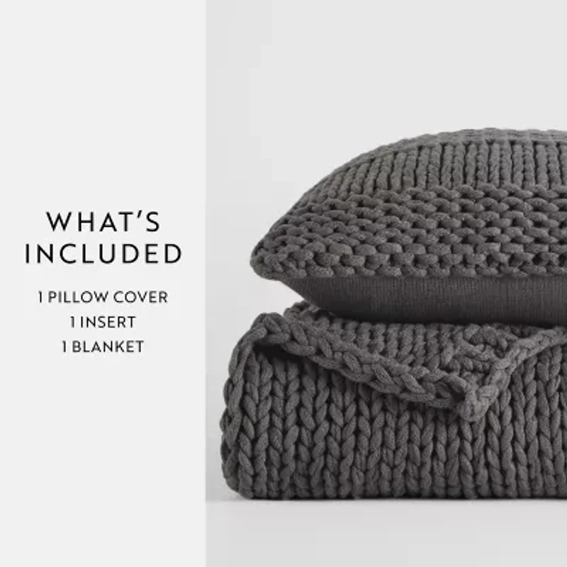 Casual Comfort Chunky Knit Blanket and Pillow Set