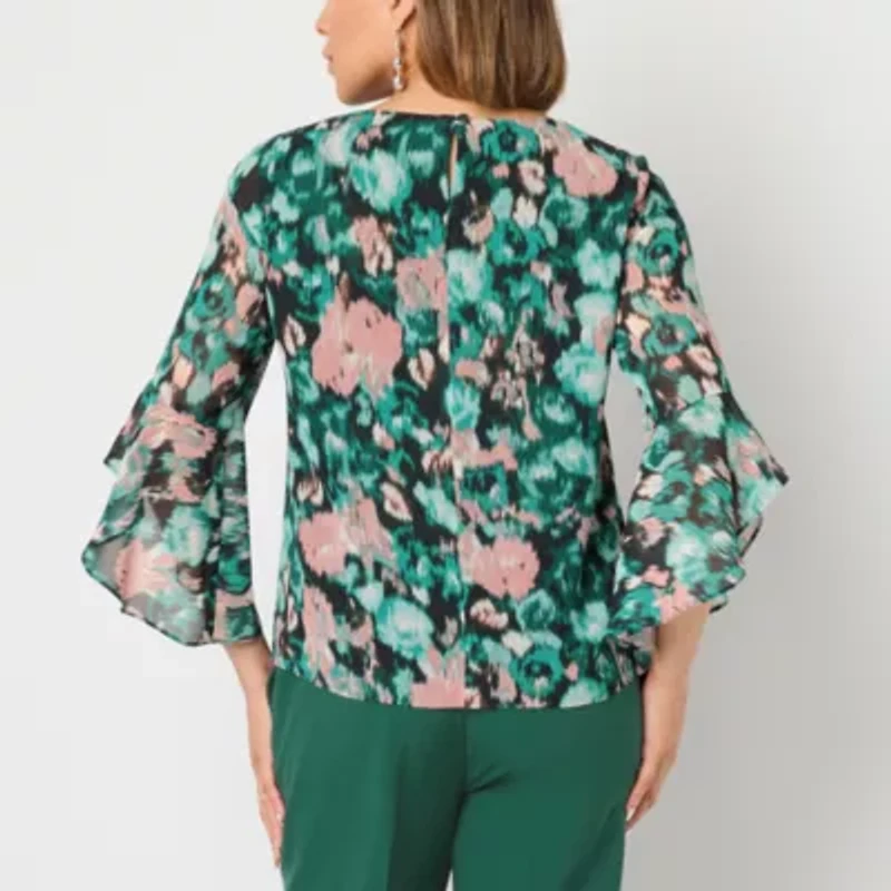 Black Label by Evan-Picone Womens Crew Neck 3/4 Sleeve Blouse