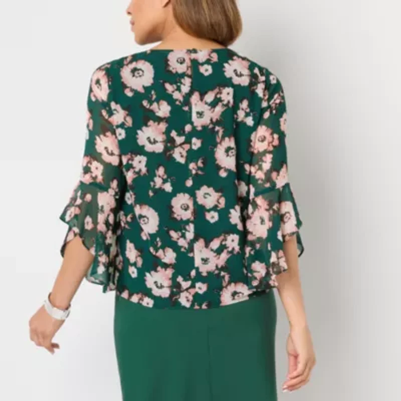 Black Label by Evan-Picone Floral Womens Crew Neck 3/4 Sleeve Blouse