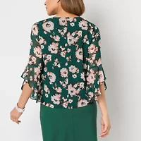 Black Label by Evan-Picone Floral Womens Crew Neck 3/4 Sleeve Blouse