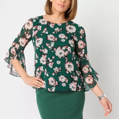 Black Label by Evan-Picone Floral Womens Crew Neck 3/4 Sleeve Blouse