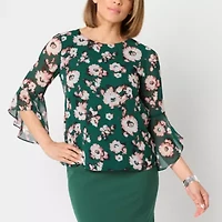 Black Label by Evan-Picone Floral Womens Crew Neck 3/4 Sleeve Blouse