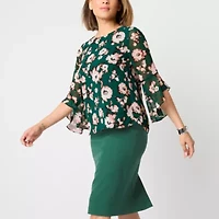 Black Label by Evan-Picone Floral Womens Crew Neck 3/4 Sleeve Blouse