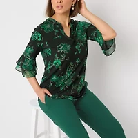 Black Label by Evan-Picone Womens V Neck 3/4 Sleeve Blouse