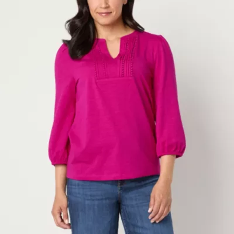 St. John's Bay Womens Split Crew Neck 3/4 Sleeve Blouse