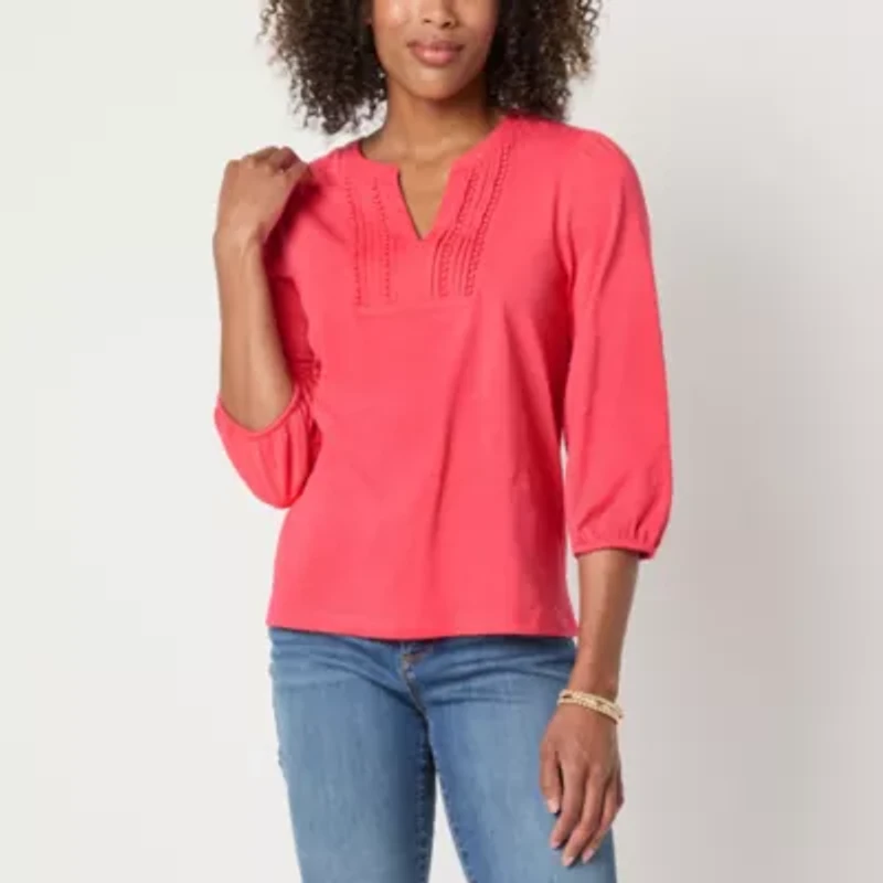 St. John's Bay Womens Split Crew Neck 3/4 Sleeve Blouse