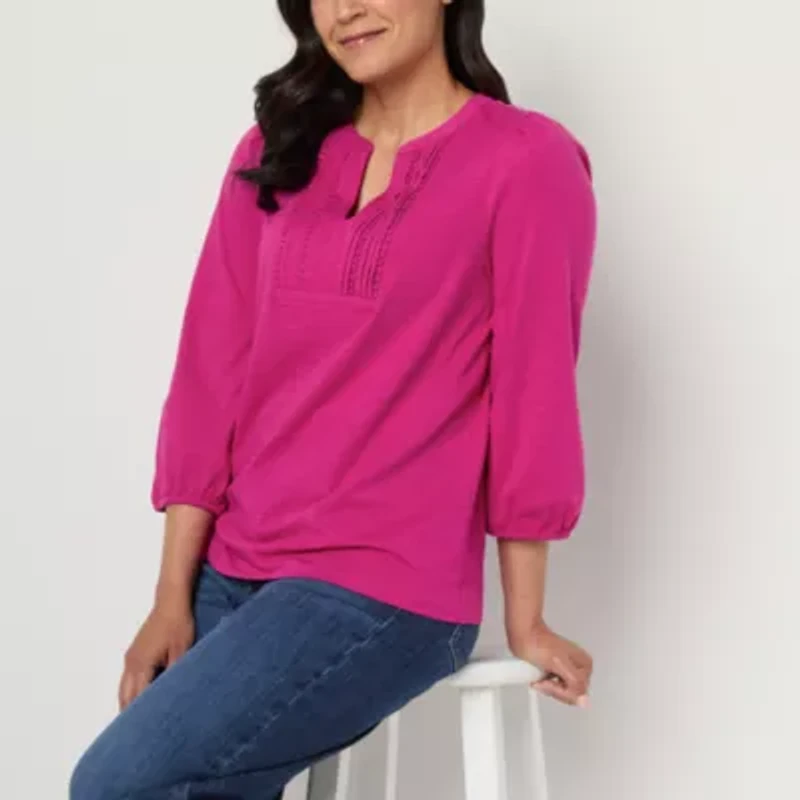 St. John's Bay Womens Split Crew Neck 3/4 Sleeve Blouse