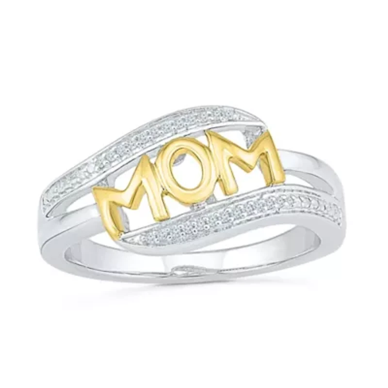 "Mom" Womens Diamond Accent Natural White 10K Gold Over Silver Cocktail Ring