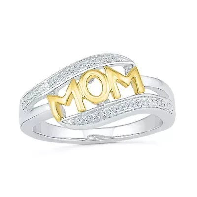 "Mom" Womens Diamond Accent Natural White 10K Gold Over Silver Cocktail Ring