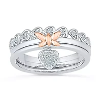 Womens 1/10 CT. T.W. Natural White Diamond 10K Gold Over Silver Butterfly Heart Ring Set