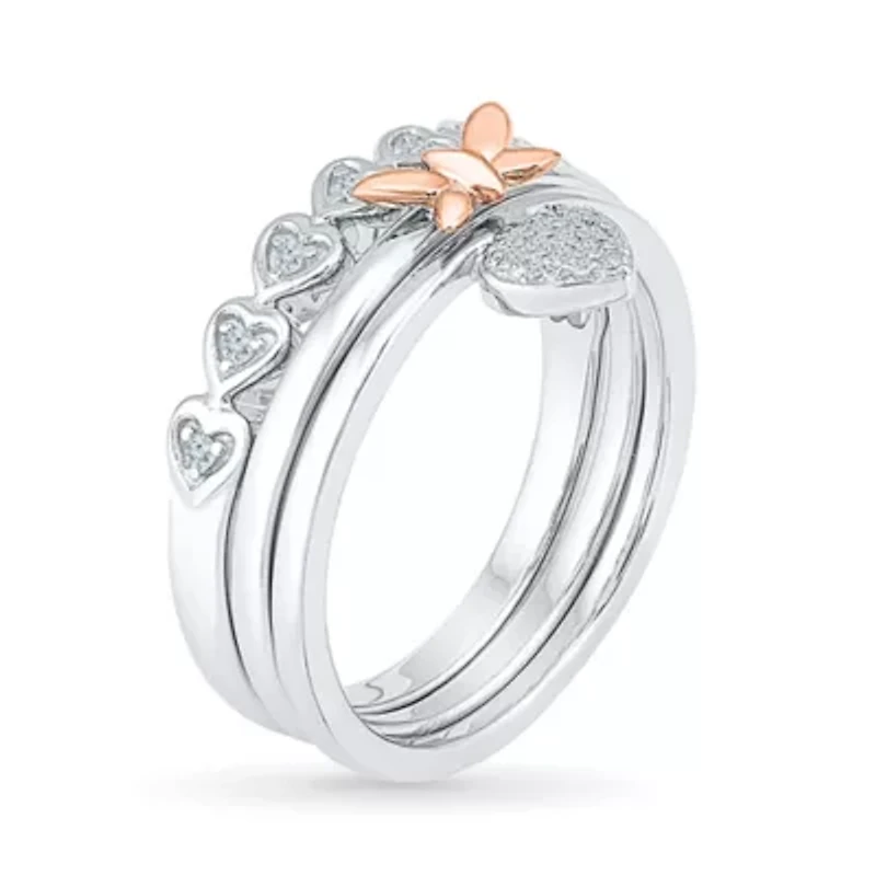 Womens 1/10 CT. T.W. Natural White Diamond 10K Gold Over Silver Butterfly Heart Ring Set