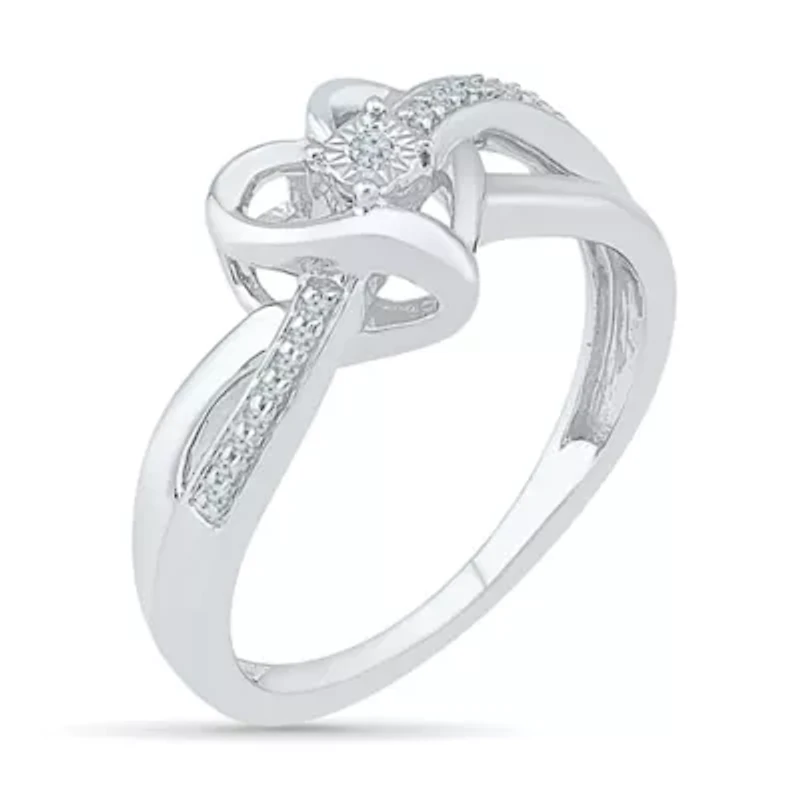 Womens Diamond Accent Natural White Sterling Silver Heart Crossover Cocktail Ring