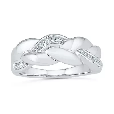 Womens 2MM Diamond Accent Natural White Sterling Silver Crossover Band