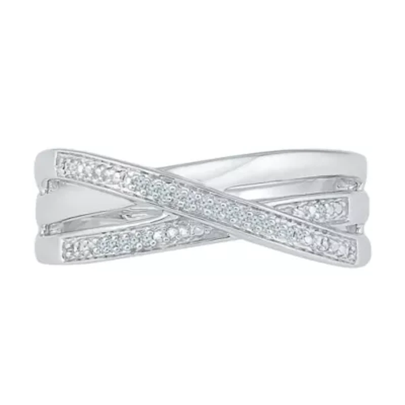 Womens 2MM Diamond Accent Natural White Sterling Silver Crossover Band