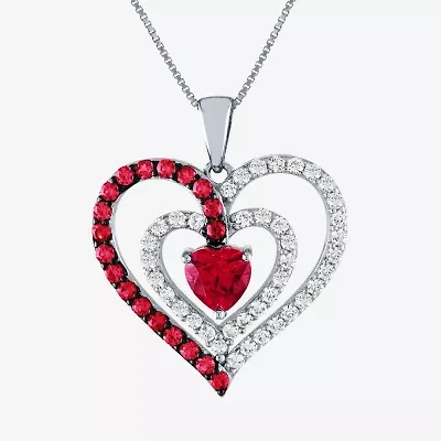 Womens Lab Created Red Ruby Sterling Silver Heart Inch Pendant Necklace