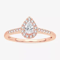 Womens 1/3 CT. T.W. Natural White Diamond 10K Rose Gold Pear Side Stone Halo Engagement Ring